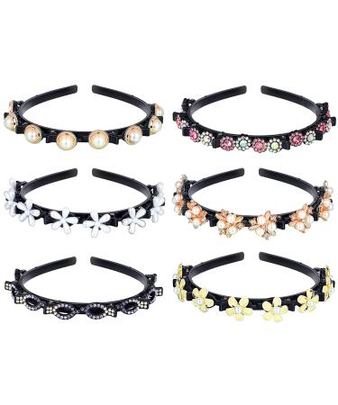 6 Pieces Beaded Hair Headbands Fashion Double Bangs Hairstyle Hairpin Headband Double Layer Twist Plait Braided Headband Elegant Flower Clips Chic Pearl for Women Girl (Vintage Style)