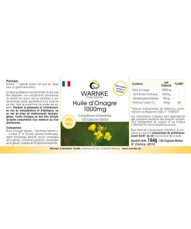 Evening primrose oil - with 1000mg of evening primrose oil including 650mg of linoleic acid and 10mg of vitamin E - 120 softgels - German pharmacy quality - highly dosed - vegan | Warnke Vitalstoffe - Buy Online on GoSupps.com