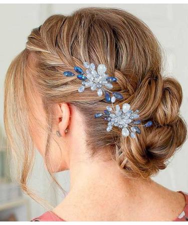 YBSHIN Bride Wedding Blue Hair Pins Silver Crystal Hair Clips Rhinestone Bridal Headpieces Beaded Hair Accessories for Women and Girls (Pack of 2) (A)