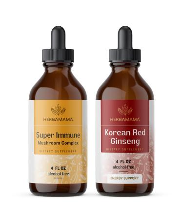 HERBAMAMA Liquid Drops Kit - Bundle of Super Immune Mushroom Complex and Panax Ginseng Tincture 4 fl oz - Vegan Non-GMO Sugar & Alcohol-Free - 2 Pack
