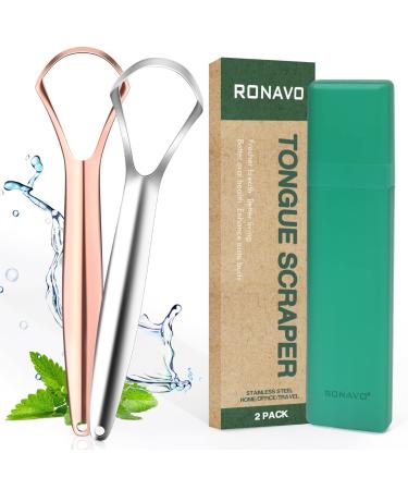 Tongue Cleaner(2 Pack),Tongue Scraper Cure Bad Breath (Medical Grade), Tongue Cleaners Stainless Steel, 100% BPA Free Metal Tongue Scrapers for Adults Fresher Breath in Seconds.by RONAVO Wider Tongue Scraper(2 Colors)