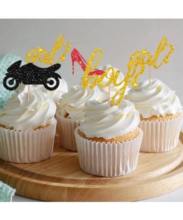 24pcs - Boy Or Girl Cupcake Toppers Red & Black Glitter Baby Shower Cupcake Picks Heels Or Motorcycle/He Or She Cake Decorations for Gender Reveal/First Birthday Party - Buy Online on GoSupps.com