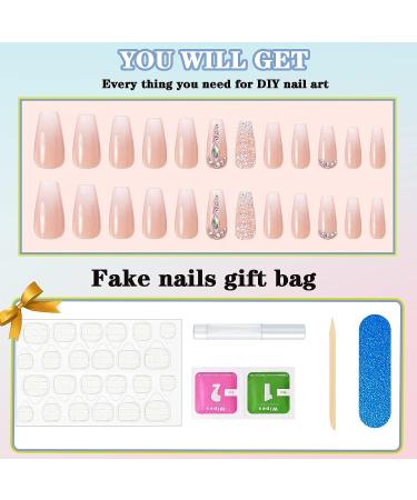 Leuhiove Glitter Gradient Pink Ballerina Press on Nails - Luxurious Crystal Gem Design for Women and Girls - Buy Online on GoSupps.com