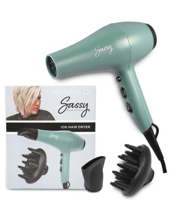 Sassy Ceramic Ion Hair Dryer 1875-Watt Salon Dryer with Concentrator and Diffuser Multiple Heat Settings and Cool Shot (Aqua)
