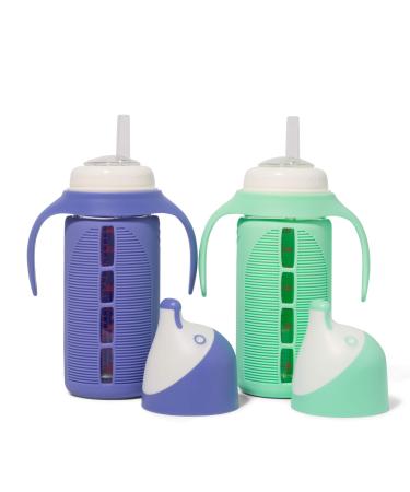 Set of 2 - Glass Sippy Cup for Toddlers - The Luca | Mint Green & Indigo Purple | Spill-Proof | Silicone Straw | 8 oz | Liquids Never Touch Plastic | Removable Handles