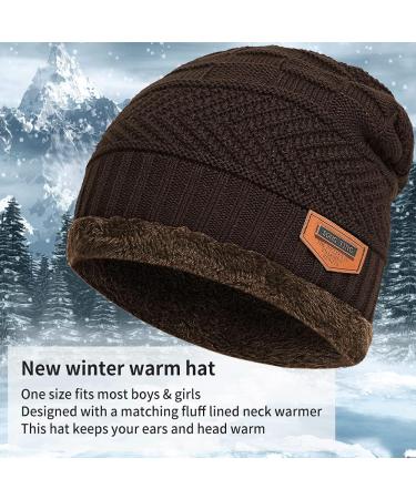 Kids Winter Beanie Hat and Scarf Set - Knitted Thermal Fleece Lining - Boys Girls One Size Coffee - Buy Online on GoSupps.com