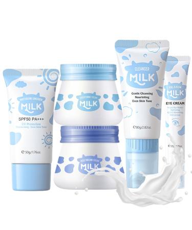 ARCHIDATE Milk Face Routine Set 5Pcs Moisturizing Facial Skin Care Sets Long-lasting Hydrating Enhance Skin Elasticity Face Care Kit Include Cream Cleanser Eye Cream Moisturizer Sunscreen