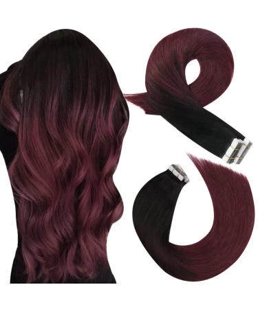 Moresoo Balayage Tape in Hair Extensions Wine Red Human Hair Extensions Tape in Natural Black to Burgundy Red Ombre Tape Hair Extensions 24 Inch 20 Pieces/50g #1B/99J 24 Inch #1B/99J
