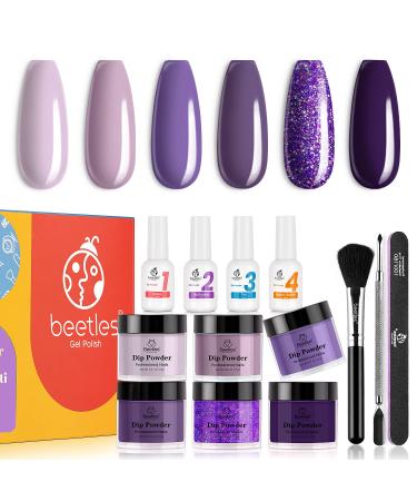 Beetles 6 Colors Dip Powder Nail Kit Starter - Purple Glitter Nail Dipping Powder Kit for French Nail, No LED Nail Lamp Needed Manicure Kit Nail Art DIY Home Gift Box, 0.6 fl.Oz/Each E-grape Vine