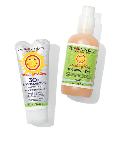 California Baby Sunscreen + Natural Bug Spray Bundle | 2.9oz Unscented SPF 30+ Mineral Sunscreen Face & Body + 6.5oz Natural Bug Repellent | Allergy Friendly | Formulated for Sensitive Skin 9.4 Fl Oz (Pack of 2)
