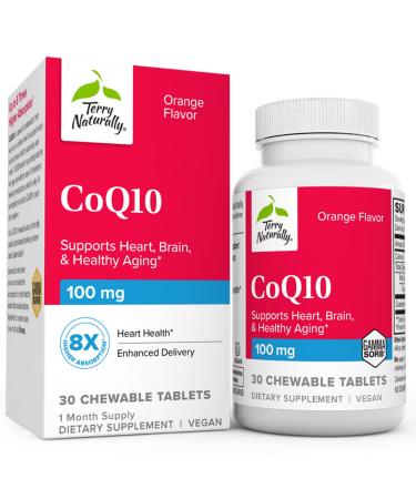 Terry Naturally CoQ10 Chewables 100 mg - 30 Easy Chew Tablets - 8X Higher Absorbing CoQ10 - Powerful Antioxidant - Cellular Energy Healthy Aging Brain & Heart Health - 30 Servings