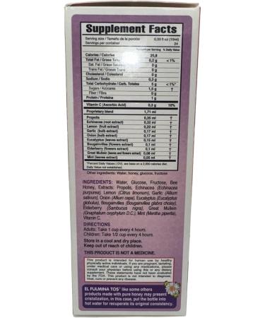 Fulminatos EL FULMINA TOS Propoleo +AJO + CEBOLLA +Miel+Limon+Eucalipto+Equinacea+Gordolobo & Menta (Propolis Syrup W/Garlic and Onion) 8.11 fl oz Nutritional Supplement Cough Syrup FULMINA TOS - Buy Online on GoSupps.com
