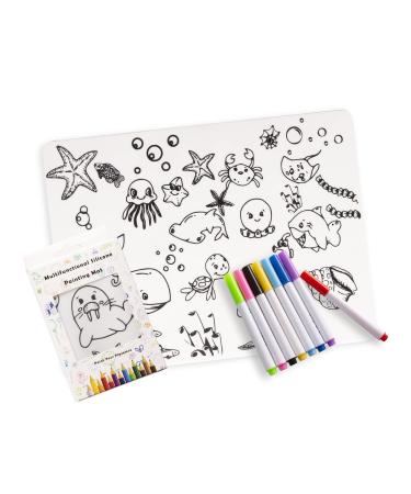 Silicone Coloring Placemat- Washable Drawing Mat for Kids- Learning Coloring Mat- 8 Markers Included (Sea Life)