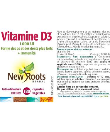 New Roots Herbal - Vitamin D3 1000 IU 180 Capsules - Helps in the Development and Maintenance of Bones and Teeth - Helps to Maintain and Support Immune Function - Buy Online on GoSupps.com