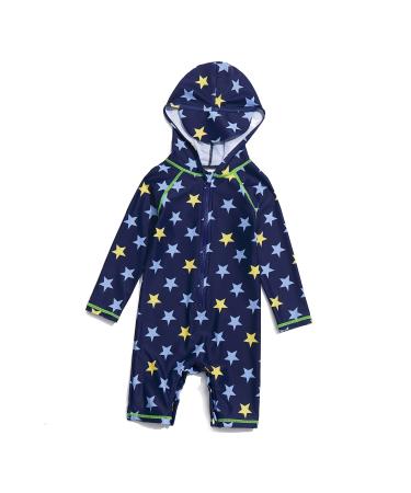 BONVERANO Baby Boys Swimsuit Toddler Bathing Suit Zip-up Full-Zip Hoodie One Piece Swimwear with UPF 50+ Sun Protection 12-18 Months Yellow Star