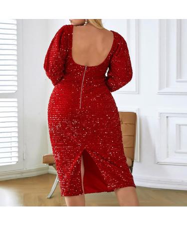 Hanxiulin Women's Winter Cocktail Dress - Sequin Midi Ball Dress in Red - Elegant Leisure Outfits - Plus Size XXL - Buy Online on GoSupps.com