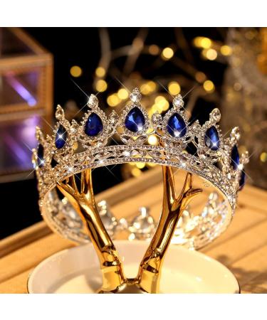 Vintage Royal Queen Teardrop Rhinestone Diadem Tiaras Crown - Silver Blue Stone | Wedding Hair Jewelry - Buy Online on GoSupps.com