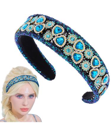 Flayem Rhinestone Headband Sparkly Crystal Headband Glitter Heart Paddle Wide Hairband Gorgeous Banquet Hair Hoop Accessories for Women and Girls (Blue Crystal)