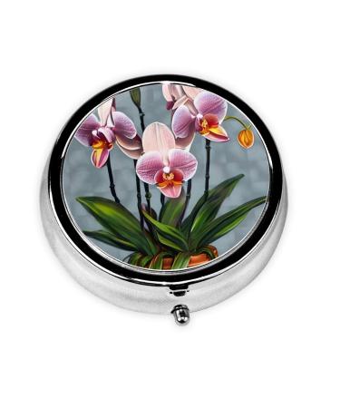 Blooming Orchidsround Pill Box 3 Compartments Round Pill Box Organizer for Purse Or Pocket Portable Travel Pill Box