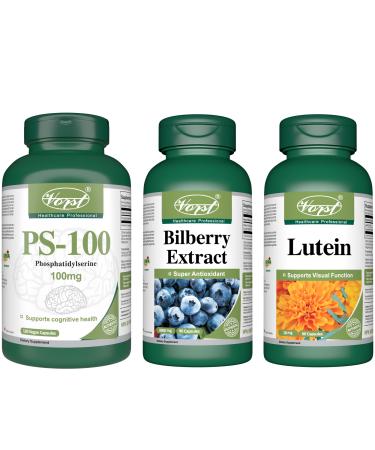 VORST Phosphatidylserine 100mg 120 Vegan Capsules (PS-100) and Bilberry Extract 90 Capsules and Lutein 60 Capsules | Cognitive and Vision Health Supplements | (Combo Bundle 3 Bottles)