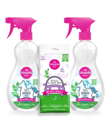 Toy & Highchair Cleaning Spray by Dapple Baby, Fragrance Free, 16.9 Fl Oz Bottle (Pack of 2) + 30 Count All Purpose Wipes Pouch, Lavender - Plant Based Spray & Hypoallergenic Cleaning Wipes