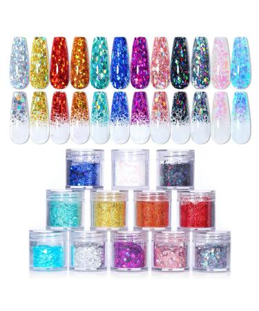 12 Colors Holographic Glitters - NICOLE DIARY Nail Art Sequins Flakes for DIY Manicure / Body Makeup / Craft - NICOLE DIARY 12 Colors Holographic Sequins
