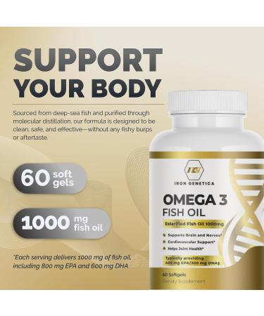 Iron Genetica Omega 3 Fish Oil High Potency EPA 400mg & DHA 300mg | Supports Heart Brain & Joint Health | Fish Oil 1000mg Capsules | Omega 3 Supplement | 60 softgels for Men & Women - Buy Online on GoSupps.com