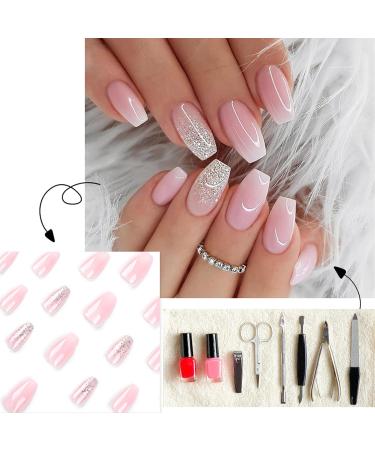Shop 24pcs Medium Length Pink Gradient Square Press-On Nails with Glitter | Full Cover Glossy Fake Nails & Glue for Women - Buy Online on GoSupps.com