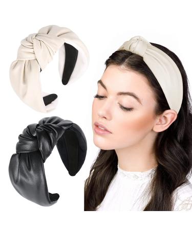 AUHKARUS Headbands for Women and Girls  Fashion Leather Headbands 2Pcs Knotted Headband for Women Non Slip Hair Bands for Wamen's Hair Makeup Spa Headbands Hair Accessories For Women and Grils Wide Hair Bands   Great Chr...
