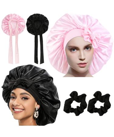 Silk Sleep Hood Bonnet Set - 2 Adjustable Satin Sleeping Caps with Hair Ties - Women's Sleepwear (Black & Pink) - Buy Online on GoSupps.com