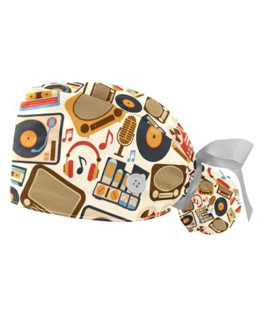 Retro Old World Map Compass Scrub Caps Hats Women Bouffant Working Hat Ponytail Holder for Women Long Hair Covers 2PCS Pattern 02