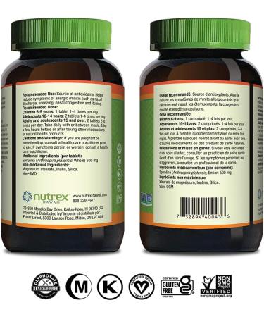 Nutrex Hawaii Pure Hawaiian Spirulina - 500mg 400ct Tablets - Vegan Hawaiian Grown Superfood 400 count (Pack of 1) - Buy Online on GoSupps.com