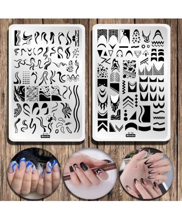 Set of 2 Nail Stencil French Nails Stamp Set Stamping Stencil Stripes Swirl Snake Pattern Nail Stamping Plates for Nails 14.5 x 9.5 cm Stamp Pad Nails for Women and Girls D31 and D32