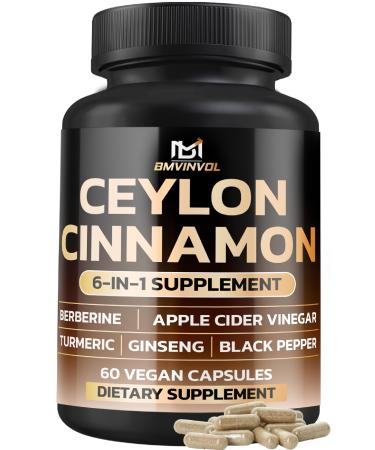 Ceylon Cinnamon Capsules with Berberine HCl Supplement - Panax Ginseng Apple Cider Vinegar Turmeric Curcumin - Support Immunity & Energy Production - 60 Capsules - 2 Month Supply