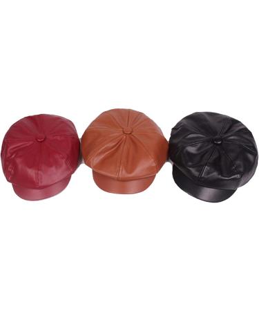 FaLasoso Women PU Leather Beret Newsboy Cap - Vintage Octagonal Flat Gatsby Driving Hat (Black/Wine Red) - Buy Online on GoSupps.com