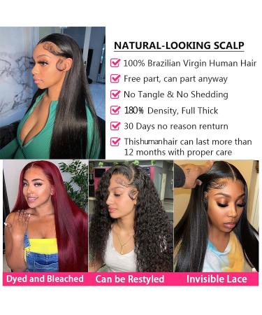 HUANGCAI 13x6 20 HD Lace Front Human Hair Wig - Pre Plucked Transparent Straight Frontal Wig with Baby Hair for Women - 180% Density Glueless Black Wig - Buy Online on GoSupps.com