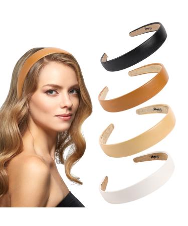 Vin Beauty 4 Pack Solid Leather Headbands for Women 1inch Wide Thick Non-slip Headband Elegant Soft PU Head Bands Hair Accessories for Women Girls Fits Most People(Dark Orange Black Beige White)