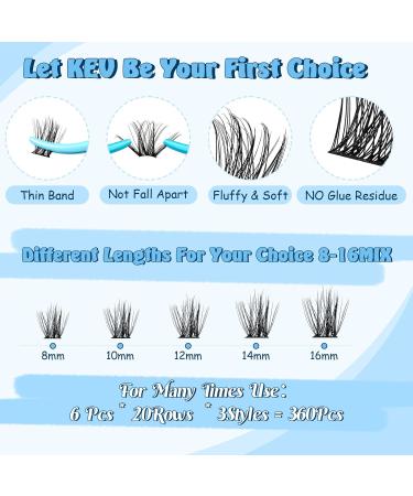 KevKev 360 Pcs Mixed Styles Cluster Lashes with Dual-side Brush and Mirror Lash Book - D-Mix (8-16mm) Thin Band & Soft Lashes - Cloudy Cirrus Sprout - Buy Online on GoSupps.com