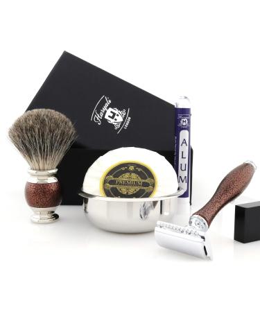 Haryali London Shaving Kit 5 Pc Shaving Kit Double Edge Safety Razor - Super Badger Shaving Brush Shaving Soap Shaving Bowl Alum Antique Maroon Color Shaving Set as Gift Double Edge Razor