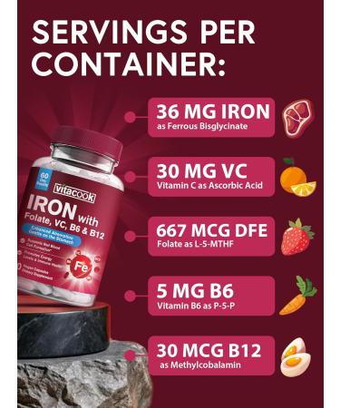 Vitacook 65mg Iron Supplement for Women Men with Vitamin C 250mg + Iron Bisglycinate with Vitamin C B6 B12 Folate - Buy Online on GoSupps.com