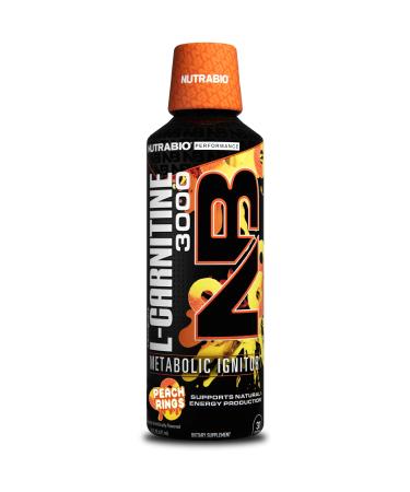 NutraBio L-Carnitine Liquid Shots 3000mg (Peach Rings) 10mg of Vitamin B-5 Zero Carbs & Sugars Energy Production Muscle Recovery