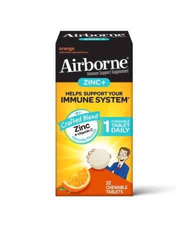 Airborne Vitamin C + Zinc Chewable Tablets Chewable Zinc Immune Support Supplement - Non-GMO Gluten & Gelatin Free No Color Added Naturally Flavored - 32 Chewable Tablets Orange Flavor