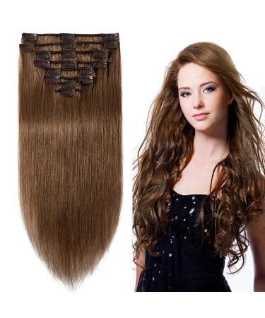Elailite Standard Weft Hair Extensions Real Human Hair Clip in Remy Natural Hair - 8 Pieces Full Head Straight - #6 Light Brown - 20 Inch (105 g) 20 Inch (105 g) #6 Light Brown