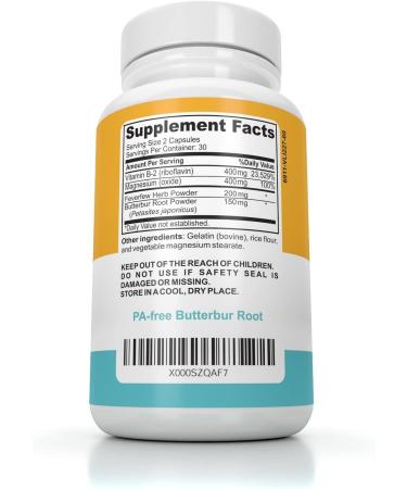 Migraine Relief Supplement - PA Free Butterbur, Riboflavin, Magnesium & Feverfew Capsules - 60 Count for Effective Prevention and Relief - Buy Online on GoSupps.com