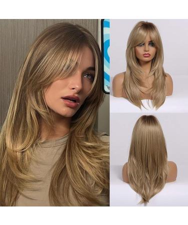 Emmor Ombre Blonde Wigs with Curtain Bangs | Heat-Resistant Synthetic Wigs for Women - Natural Everyday Style - Buy Online on GoSupps.com