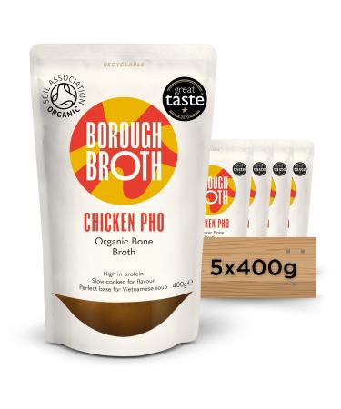 Chicken Pho Bone Broth by Borough Broth - 100% Organic Aromatic Broth - Slow Cooked - High in Protein - 52 Cal per Pack - Delivered Chilled - 5 x 400g Chicken Pho 400 g (Pack of 5)