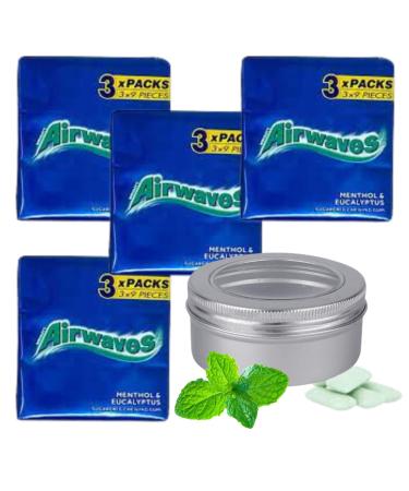 Airwaves Chewing Gum Mint Flavour - 108 Pieces in 4 Packs - Menthol & Eucalyptus Bundle with On-The-Go Silver Window Lid Tin - Cooling and Breath-Freshening for Long-lasting Freshness