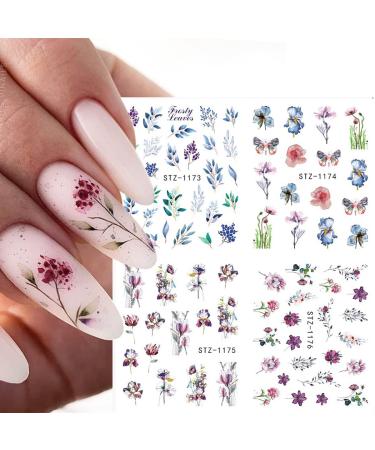 Flowers Nail Art Stickers Decals Floral Leaf Watercolor Nail Art Decals Transfer Foils for Nails Supply Butterfly Flowers Designs Nail Tattoo Sliders for Women DIY Manicure Nail Decorations 12PCS