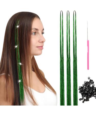 Hair Tinsel Extensions 600 Strands with Tools Sparkling Shiny Hair Tinsel Kit Heat Resistant Glitter Tinsel Hair Extensions for Women Girls 48 Inch (600 strands green)