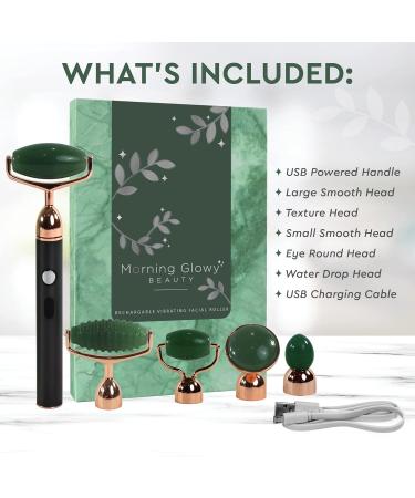 Vibrating Jade Face Roller & Massager - 5 in 1 Rechargeable Tool for Soft Skin & Relaxation | Soothes Puffy Eyes - Green Quartz Beauty Set - Buy Online on GoSupps.com